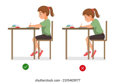 correct and incorrect sitting body postures of little girl studying at the desk