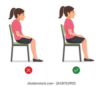 correct and incorrect sitting body postures of woman. Bad and good spine seat position
