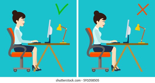 Correct and incorrect sitting posture at computer. Vector flat illustration