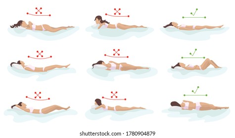 Correct and incorrect sleeping body posture. Position spine in various mattresses. Orthopedic mattress and pillow. Caring for health of back, neck. Comparative illustration. Healthy sleeping position