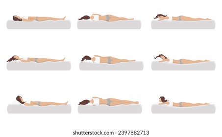 Postura correcta e incorrecta del cuerpo del sueño. Sano de dormir en varios colchones y almohadas. Cuidando la salud de la espalda, el cuello. Ilustración vectorial comparativa