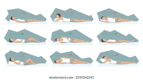 Correct and incorrect sleeping body posture. Healthy sleeping position spine in various mattresses and pillow. Caring for health of back, neck. Comparative vector illustration