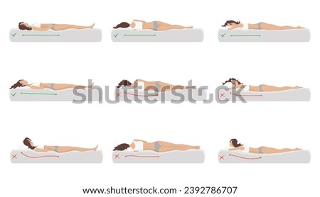 Correct and incorrect sleeping body posture. Healthy sleeping position spine in various mattresses and pillow. Caring for health of back, neck. Comparative vector illustration