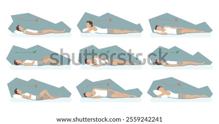 Correct and incorrect sleeping body posture. Healthy sleeping position spine in various mattresses and pillow. Caring for health of back, neck. Comparative vector illustration