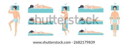 Correct and Incorrect Sleeping Body Posture of Man and Woman Vector Set