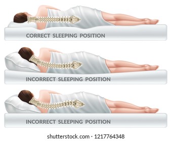 Correct and incorrect sleeping poses. Right and wrong position spine on different mattresses. Caring for health of back. 3d realistic vector illustration. svg