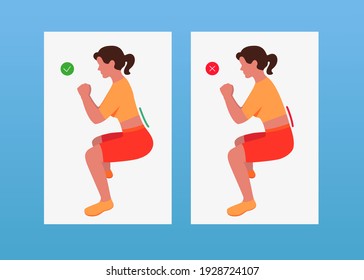 Correct and Incorrect Squat Technique. The girl squats right and wrong. Colored vector illustration.