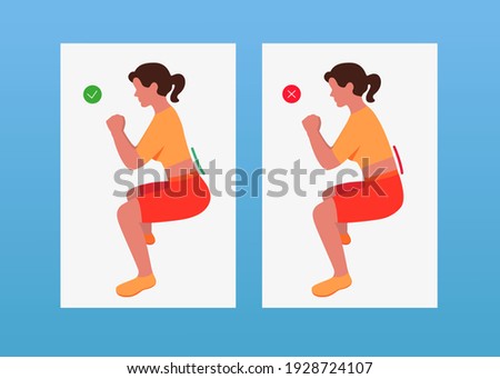 Correct and Incorrect Squat Technique. The girl squats right and wrong. Colored vector illustration.