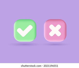 Correct and incorrect symbol icon isolated purple background, checkmark button, mobile app icon. 3d vector illustration
