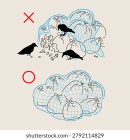 Correct and incorrect usage of garbage collection net and crow prevention illustration comparison set