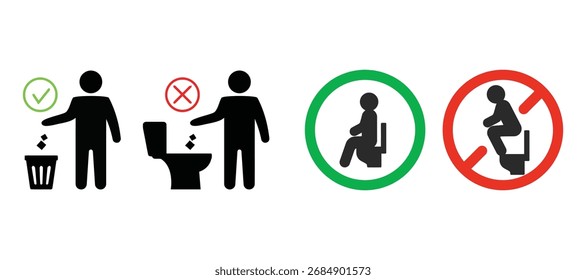 Correct and incorrect ways to use a toilet and dispose of waste
