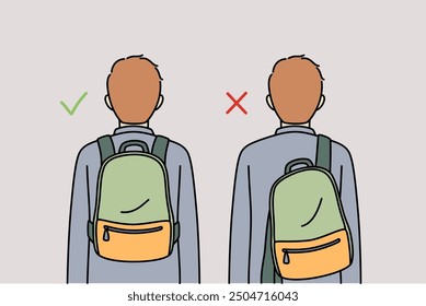 Correct and incorrect wearing of backpack behind back negatively affects spine and posture of student. Comparison of position of backpack with school supplies to prevent scoliosis.