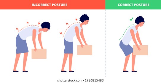 Correct lift heavy. Safety health back, flat woman lifting box postures. Proper technique load for spine with high weight utter vector concept