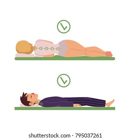 Correct neck and spine alignment of young cartoon man and woman character sleeping with back, side sleeping posture. Healthy sleeping positions. Back, spine care concept. Vector isolated illustration