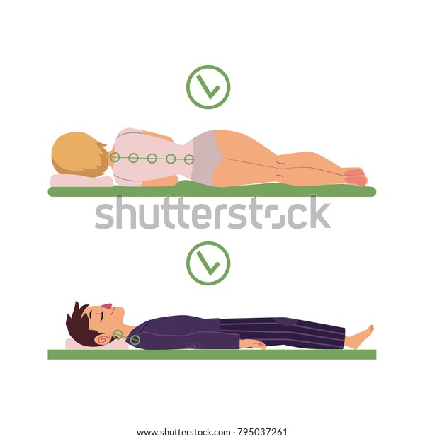 若い漫画の男性の首と背中の位置合わせを正しく行い 背中と横の寝 姿勢で眠る女性のキャラクタを正しく行う 健康な睡眠状態 背中 背骨のケアのコンセプト ベクターイラスト のベクター画像素材 ロイヤリティフリー
