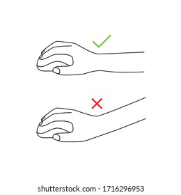 correct position of arm and mouse. concept of incorrect posture leads to modern hand disease in people who work a lot at the computer. simple linear sign on white background