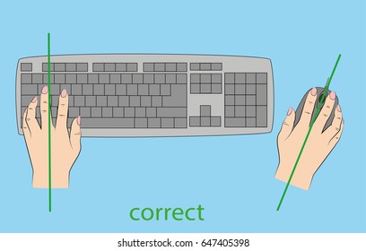 the correct position of the hands to work on the keyboard and mouse. vector illustration.