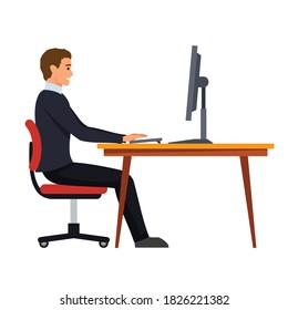 The correct position posture when working at the computer. A man sits at a table with a monitor. Spinal curvature. Good posture. Healthy back. Isolated vector illustration