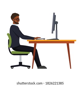 The correct position posture when working at the computer. A man sits at a table with a monitor. Spinal curvature. Good posture. Healthy back. Isolated vector illustration