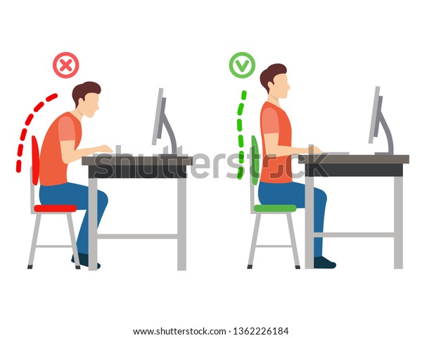 The correct position posture when working at the computer. A man sits at a table with a monitor. Spinal curvature. Good posture. Healthy back. Isolated vector illustration