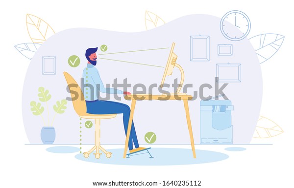 Correct\
Position to Sit at Table Flat Cartoon Vector Illustration.\
Ergonomic Concept, Right Posture for Healthy Back. Distance between\
Screen and Eyes, Good Chair Height,\
Footrest.