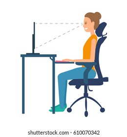 Correct Position Sitting At Table. Ergonomic Orthopaedic Chair With Bending Under Neck And Lumbar Support Under Lower Back. Right Posture For A Healthy Back. Support Back And Head.Vector Illustration.