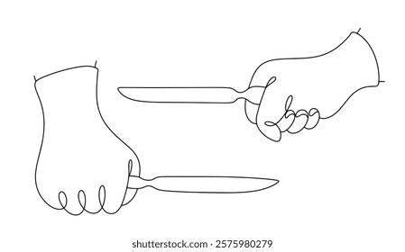 The correct position of a surgical knife in the doctor's hand drawn with a line. Educational material for students receiving medical education. Medical vector illustration on the theme of surgery.