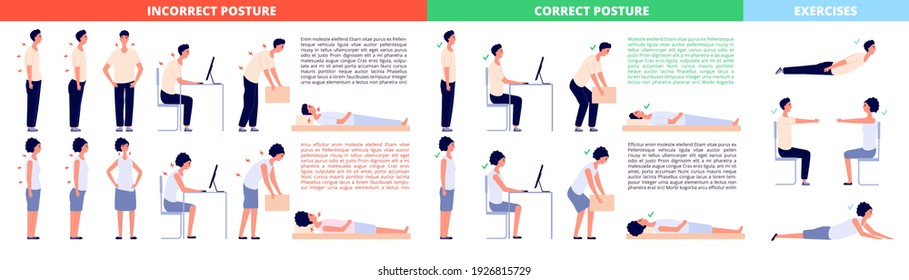 Correct positions. Posture infographics, female body ergonomic postures. Flat men computer sitting, healthy unhealthy spine utter vector poster