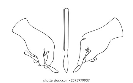 The correct positions of the scalpel in the surgeon's hand are drawn with a black continuous line. Educational material for medical students. Vector illustration for use in the medical field.