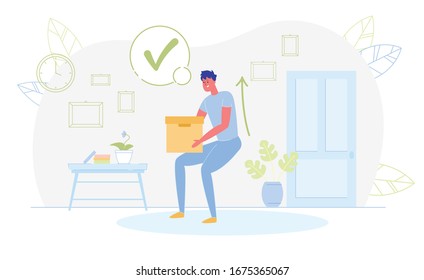 Correct Posture To Carry Heavy Box Flat Cartoon Vector Illustration. Young Man Holding Things with Straight Back to Avoid Pain. Health and Medicine Concept. Moving Carton in Room Interior.