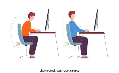 Correct Posture Computer. Ergonomic Seat Office Workstation, Character Sit In Proper Pose At Desk On Chair, Instruction Good Right Position, Healthy Back Vector Illustration. Office Ergonomic Posture