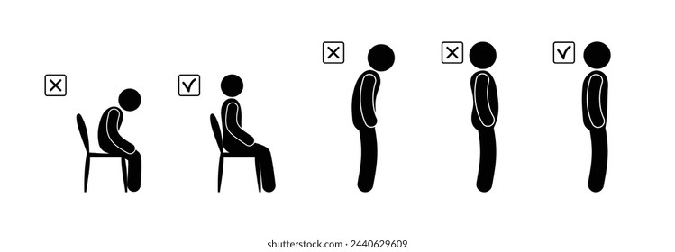 correct posture icon, illustration of stoop and scoliosis, stick figure man, isolated human silhouette bent back