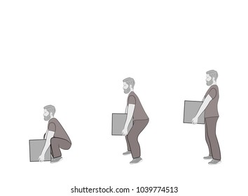 Correct posture to lift a heavy object safely. Illustration of health care. vector illustration
