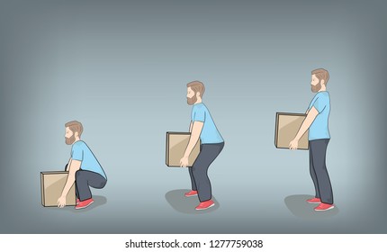 Correct posture to lift a heavy object safely. Illustration of health care. vector illustration