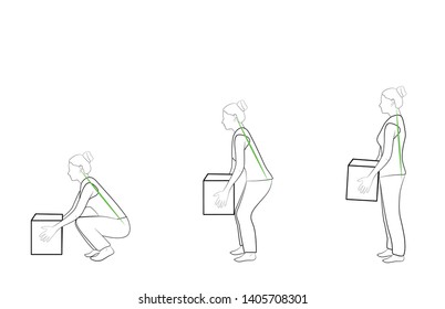 Correct posture to lift a heavy object safely. Illustration of health care. vector illustration 