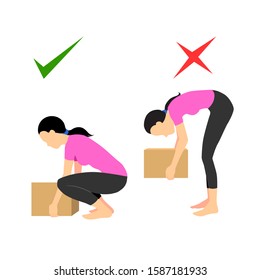 Correct posture to lift a heavy object safely. Illustration of health care. vector illustration
