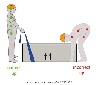 Correct posture to lift a heavy object safely. Health care vector illustration.