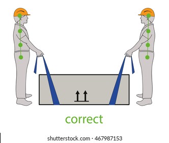 Correct posture to lift a heavy object safely. Health care vector illustration.