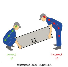 Correct posture to lift a heavy object safely. Health care vector illustration.