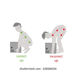 Correct posture to lift a heavy object safely. Illustration of health care. vector illustration