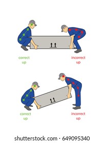 Correct posture for the safe lifting of a heavy object. Health care. Hand drawn cartoon vector illustration for design and infographics.