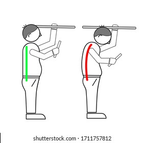 correct posture when working with the phone. when riding in public transport. vector illustration.