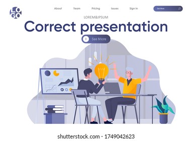 Correct presentation landing page with header. Marketing team create business presentation, brainstorming and sharing ideas in office scene. Coworking and teamwork situation flat vector illustration.