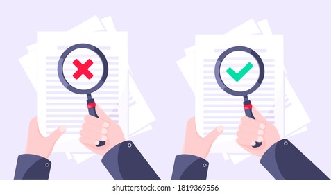 Correct and reject document verification concept with paper sheets and check mark tick and x on it. Success and negative verification business concept flat style design vector illustration set.