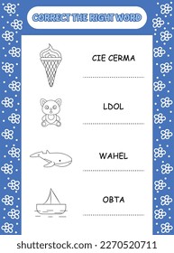Correct the right word, word scramble coloring activity page for kids