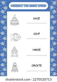 Correct the right word, word scramble coloring activity page for kids
