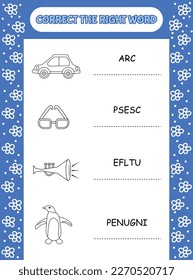 Correct the right word, word scramble coloring activity page for kids