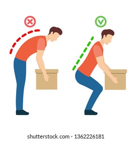 The correct, safely lift objects, position posture. Lumbar spinal curvature. Good posture. Healthy back. Isolated vector illustration