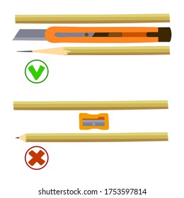 correct sharpening of graphite pencils for technical & academical drawing with a stationery knife, infographic content, color vector illustration isolated on a white background in a flat design style