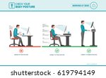 Correct sitting at desk posture ergonomics advices for office workers: how to sit at desk when using a computer and how to use a stand up workstation